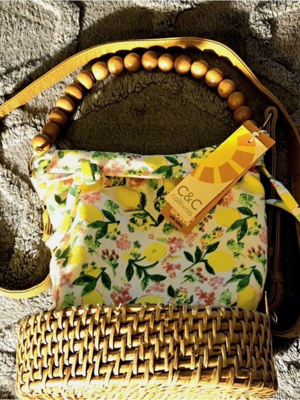 C&C California Yellow Lemon & Floral Woven Crossbody Bag